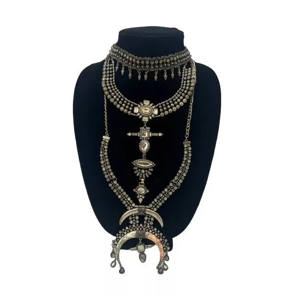 Free People Multilayered Antiqued Silver & Rhinestone Necklace - Picture 11 of 16